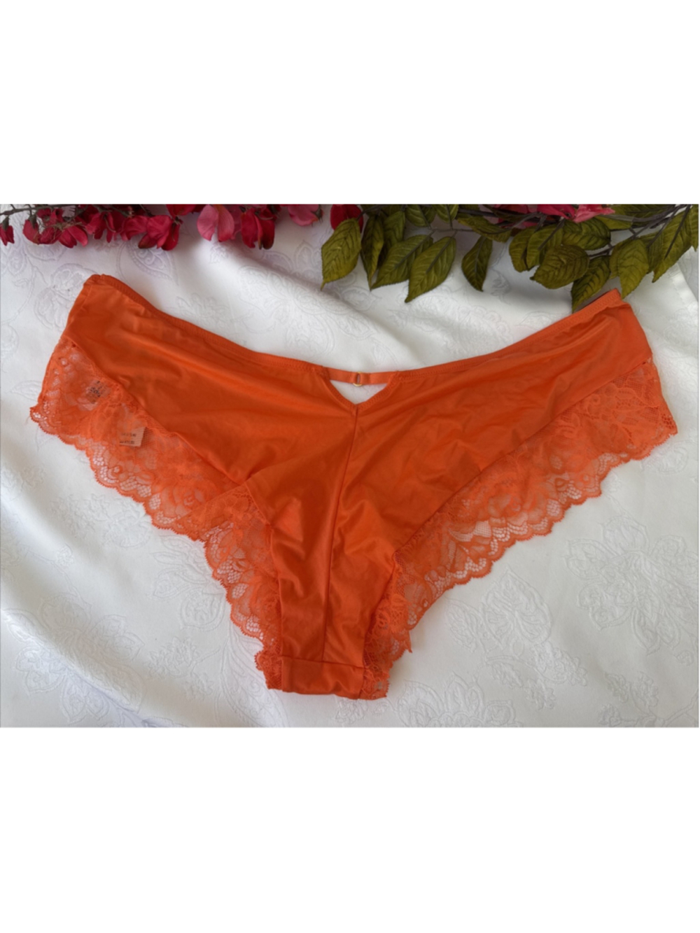 VICTORIA'S SECRET XL ORANGE SILKY LACE TRIM GOLD CHARM CUT OUT CHEEKY PANTIES